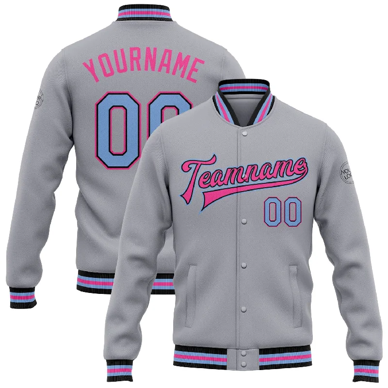 Sleek And Comfortable Unisex Wear Street Style Discounts Custom Gray Light Blue Black-Pink Bomber Full-Snap Varsity Letterman Jacket