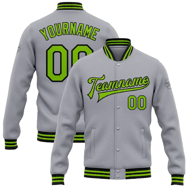 Classic And Timeless Gender-Neutral Fashion Affordable Trendy Fashion Custom Gray Neon Green-Black Bomber Full-Snap Varsity Letterman Jacket