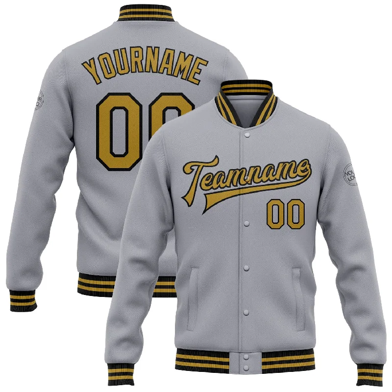 Elegant And Minimal Gender-Free Clothing Smart Casual Deals Custom Gray Old Gold-Black Bomber Full-Snap Varsity Letterman Jacket
