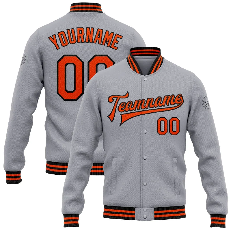 Gender-Neutral Trendy Clothing Styles Retro Style Promotions Custom Gray Orange-Black Bomber Full-Snap Varsity Letterman Jacket