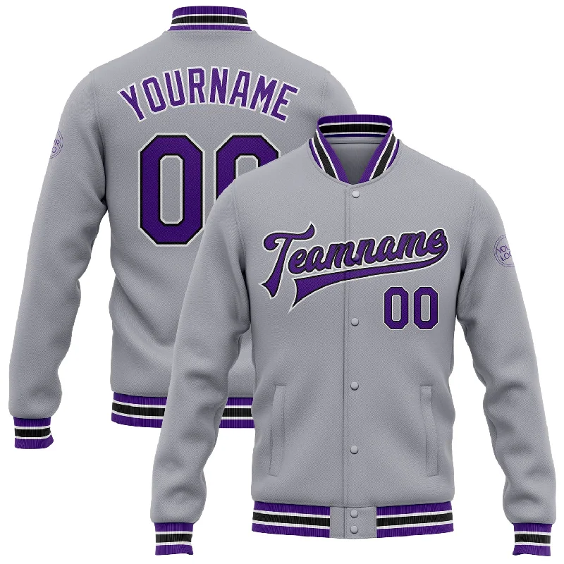 Minimalist Unisex Fashion Must-Haves Fashion-Forward Custom Gray Purple-Black Bomber Full-Snap Varsity Letterman Jacket