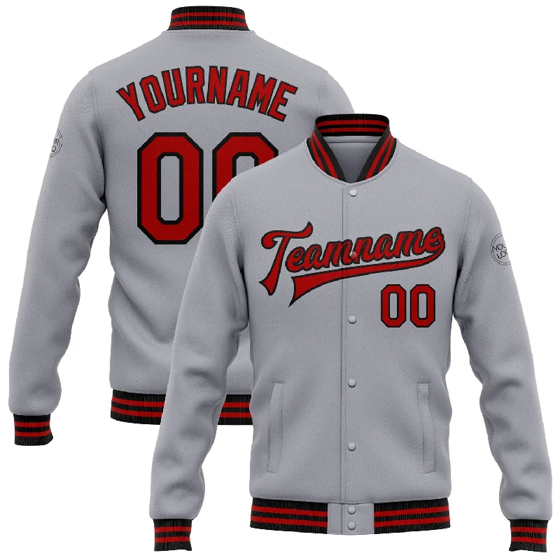 Fashion-Forward Gender-Neutral Outerwear Avant-Garde Style Promotions Custom Gray Red-Black Bomber Full-Snap Varsity Letterman Jacket
