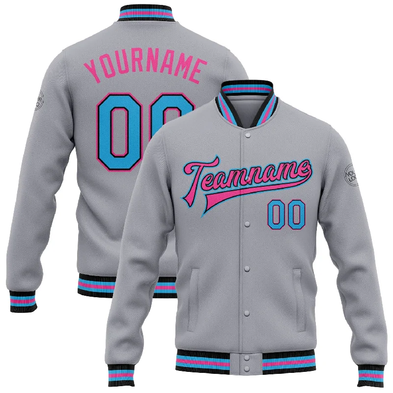 Sustainable And Ethical Unisex Clothing Bold Style Discounts Custom Gray Sky Blue Black-Pink Bomber Full-Snap Varsity Letterman Jacket