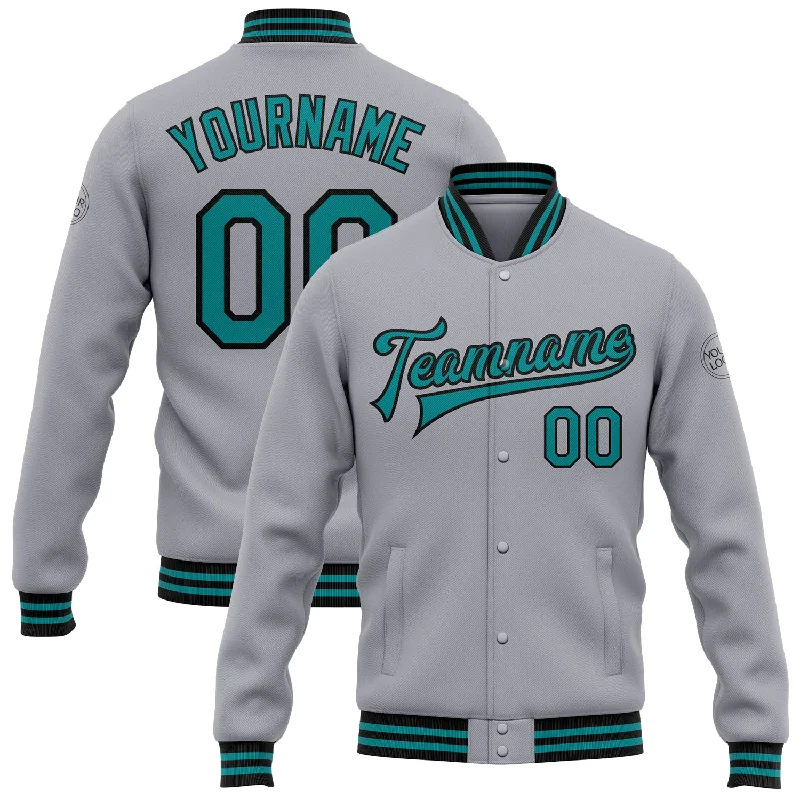 Relaxed-Fit Unisex Fashion For All-Day Comfort Urban Style Promotions Custom Gray Teal-Black Bomber Full-Snap Varsity Letterman Jacket
