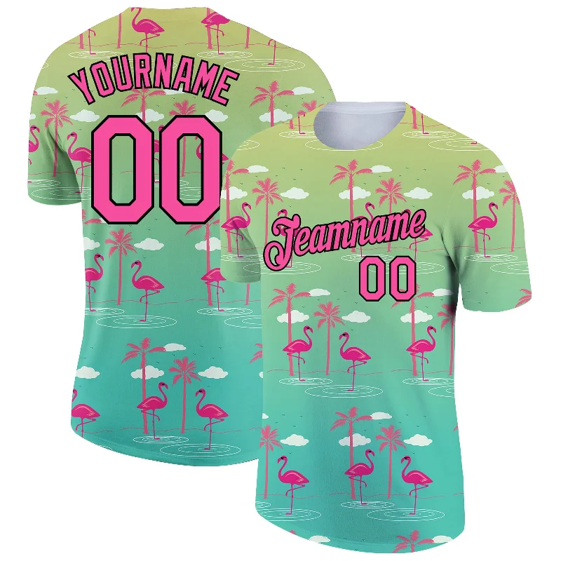 Comfortable Gender-Free Fashion Choices Trendy Pulse Custom Green Pink-Black 3D Pattern Design Tropical Hawaii Flamingo Performance T-Shirt