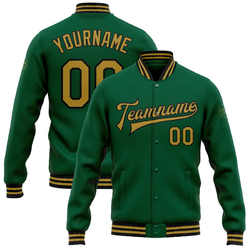 Versatile And Stylish Unisex Apparel Snag Fabulous Fashion Bargains Custom Kelly Green Old Gold-Black Bomber Full-Snap Varsity Letterman Jacket