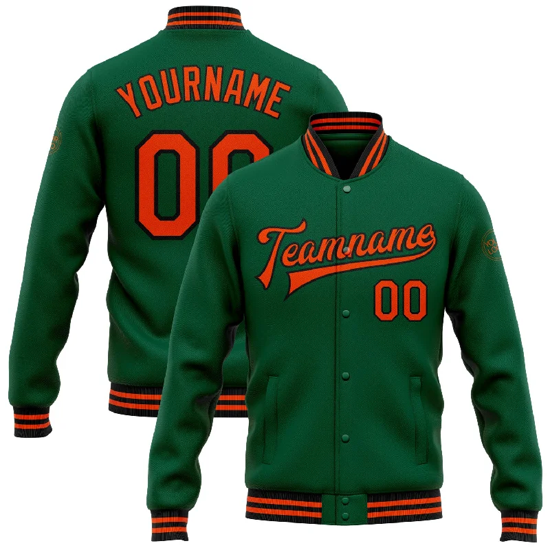 Oversized And Relaxed Unisex Fashion Dive Into Trendy Styles Custom Kelly Green Orange-Black Bomber Full-Snap Varsity Letterman Jacket