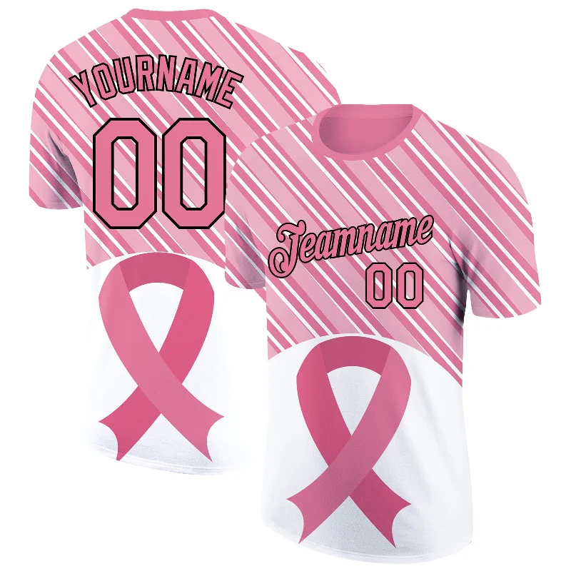 Oversized Unisex Apparel For Effortless Style Crazy Discounts, Hurry Up Custom Medium Pink Black-White 3D Pink Ribbon Breast Cancer Performance T-Shirt