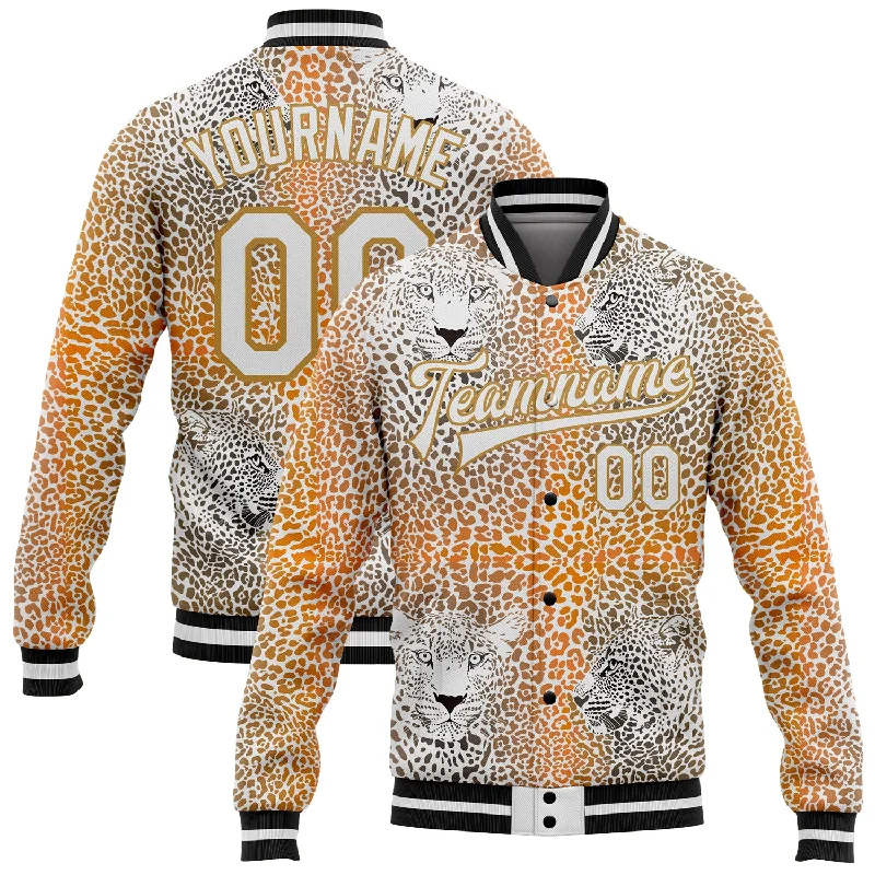 Relaxed-Fit Unisex Clothing Options Unleash Your Fashion Custom Old Gold White-Black Leopard 3D Pattern Design Bomber Full-Snap Varsity Letterman Jacket