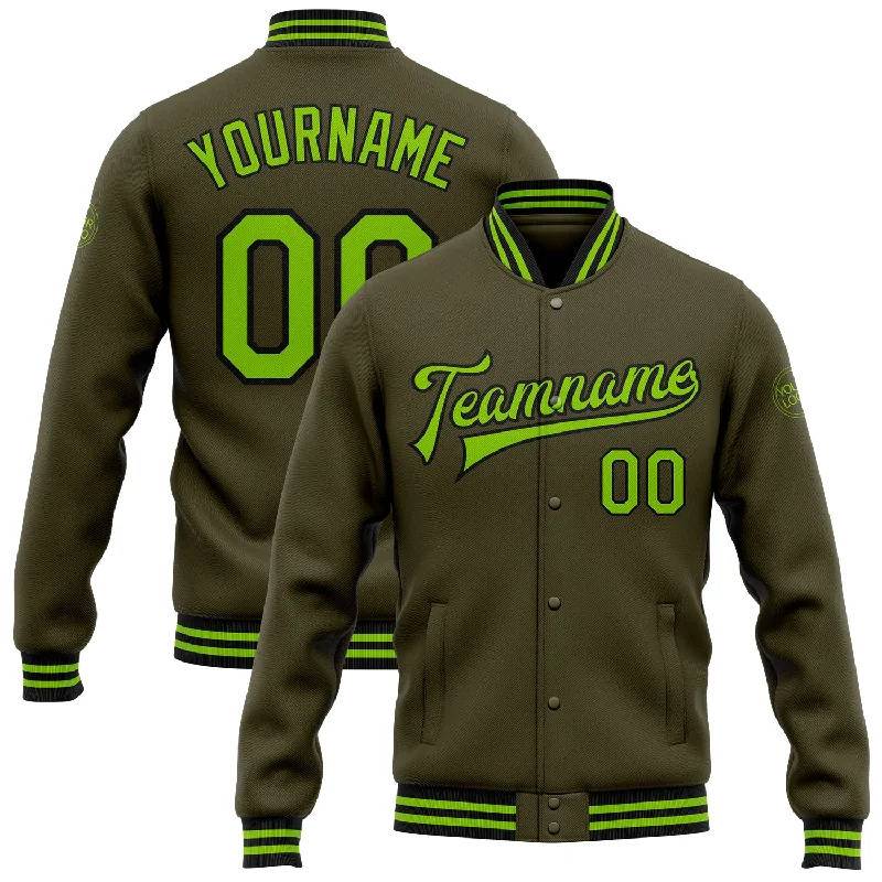 Urban Unisex Fashion Outfits Trend Leading Collection Custom Olive Neon Green-Black Bomber Full-Snap Varsity Letterman Salute To Service Jacket