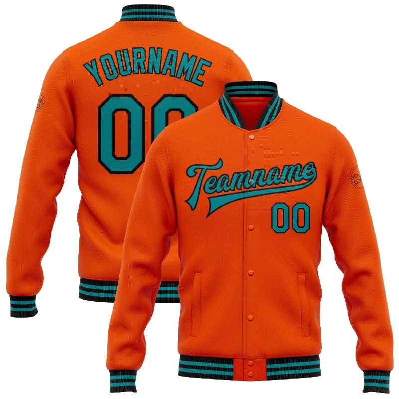 Gender-Neutral Clothing Styles Stylish Savings Custom Orange Teal-Black Bomber Full-Snap Varsity Letterman Jacket