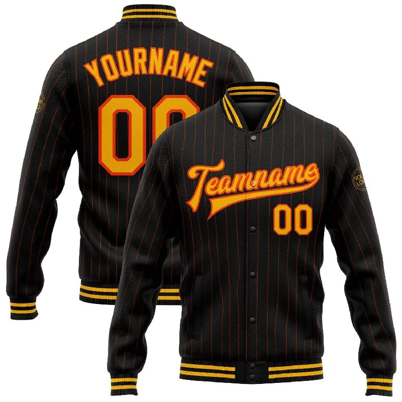 Gender-Neutral Clothing Styles Break Fashion Norms Custom Black Orange Pinstripe Gold Bomber Full-Snap Varsity Letterman Jacket