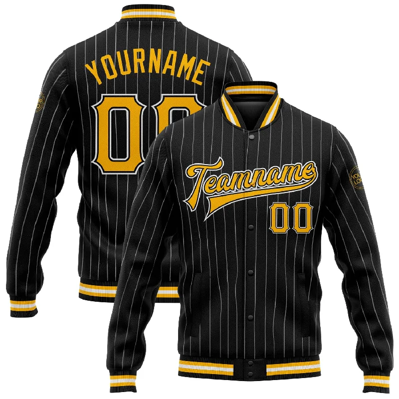 Casual Yet Sophisticated Unisex Fashion Best Sellers Custom Black White Pinstripe Gold Bomber Full-Snap Varsity Letterman Jacket