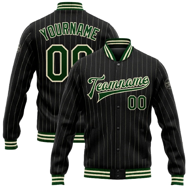 Sustainable Gender-Neutral Apparel Massive Savings Custom Black Cream Pinstripe Green Bomber Full-Snap Varsity Letterman Jacket