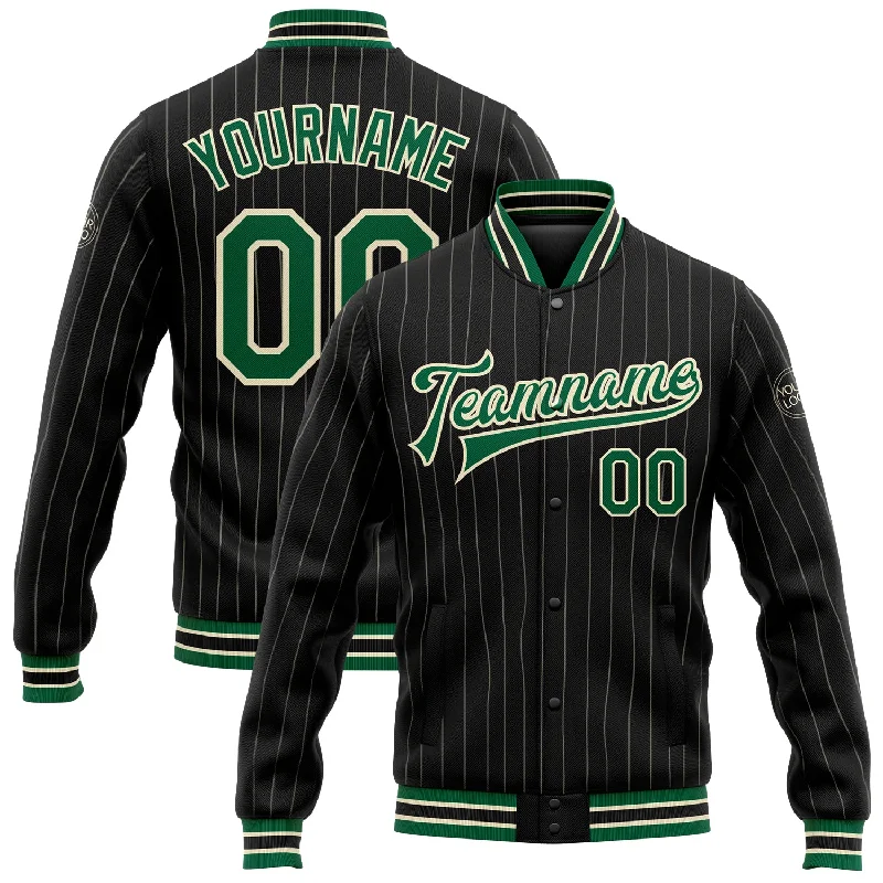 Comfortable Unisex Streetwear Season Offer Custom Black Cream Pinstripe Kelly Green Bomber Full-Snap Varsity Letterman Jacket