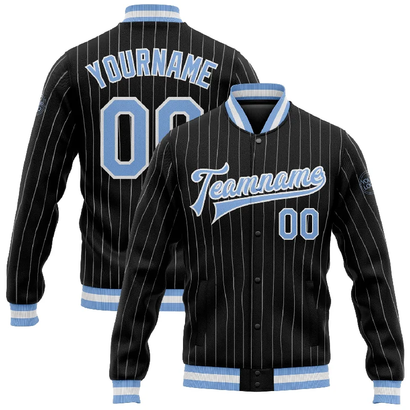 Gender-Neutral Trendy Clothing Styles Flash Sales Custom Black White Pinstripe Light Blue Bomber Full-Snap Varsity Letterman Jacket