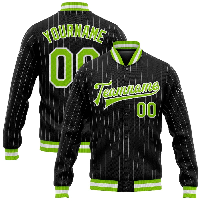 Sustainable And Ethical Unisex Clothing Flash Sale Fever Custom Black White Pinstripe Neon Green Bomber Full-Snap Varsity Letterman Jacket