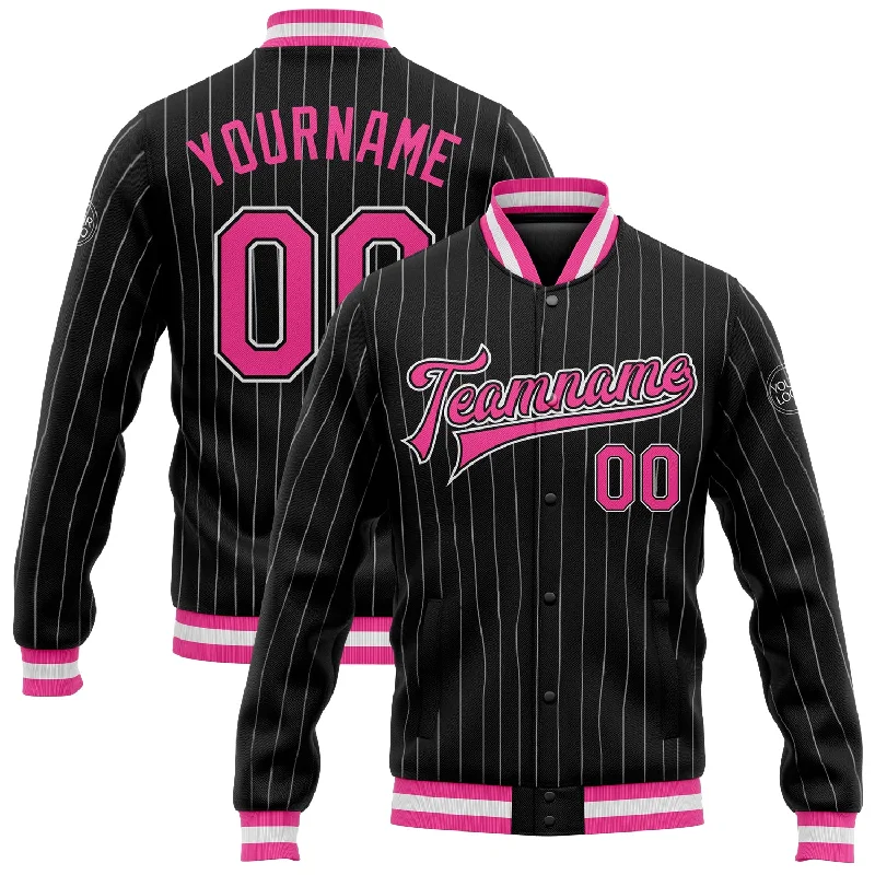 Versatile Gender-Free Wardrobe Essentials Seasonal Style Discounts Custom Black White Pinstripe Pink Bomber Full-Snap Varsity Letterman Jacket