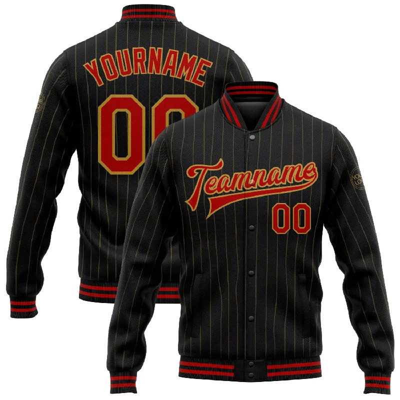 Fashion-Forward Gender-Neutral Outerwear Fashionista Favorites Custom Black Old Gold Pinstripe Red Bomber Full-Snap Varsity Letterman Jacket