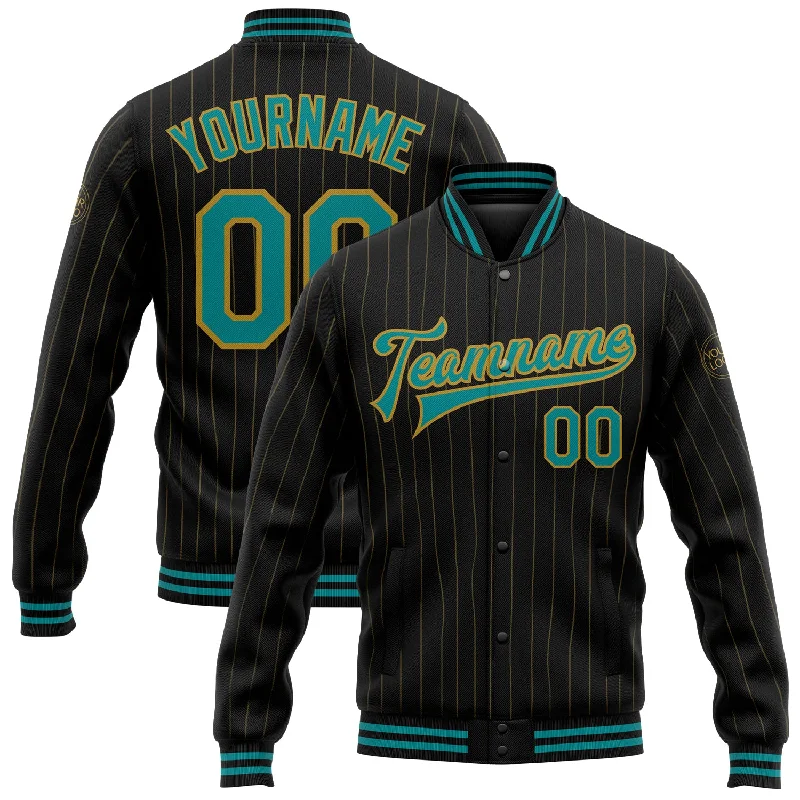 Unisex Everyday Fashion Essentials Seasonal Fashion Custom Black Old Gold Pinstripe Teal Bomber Full-Snap Varsity Letterman Jacket
