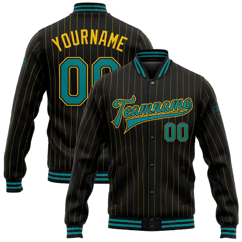 Contemporary Gender-Free Clothing Styles Chic Style, Always In Vogue Custom Black Yellow Pinstripe Teal Bomber Full-Snap Varsity Letterman Jacket