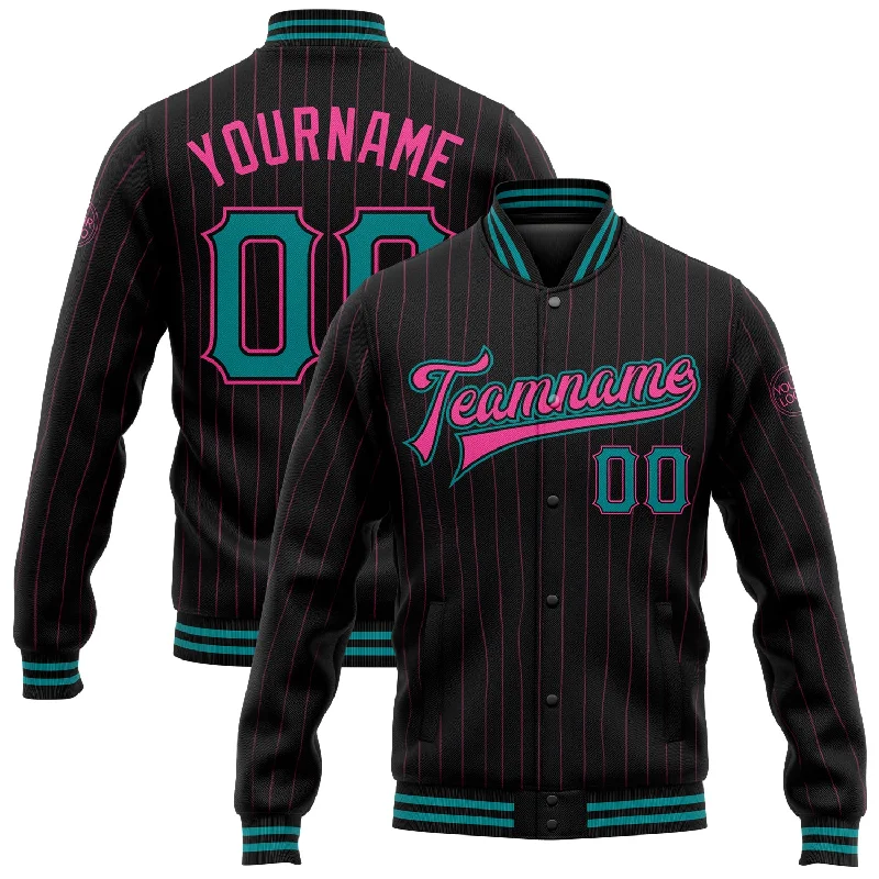 Sleek And Comfortable Unisex Wear Flash Sale, Don'T Miss Custom Black Pink Pinstripe Teal Bomber Full-Snap Varsity Letterman Jacket