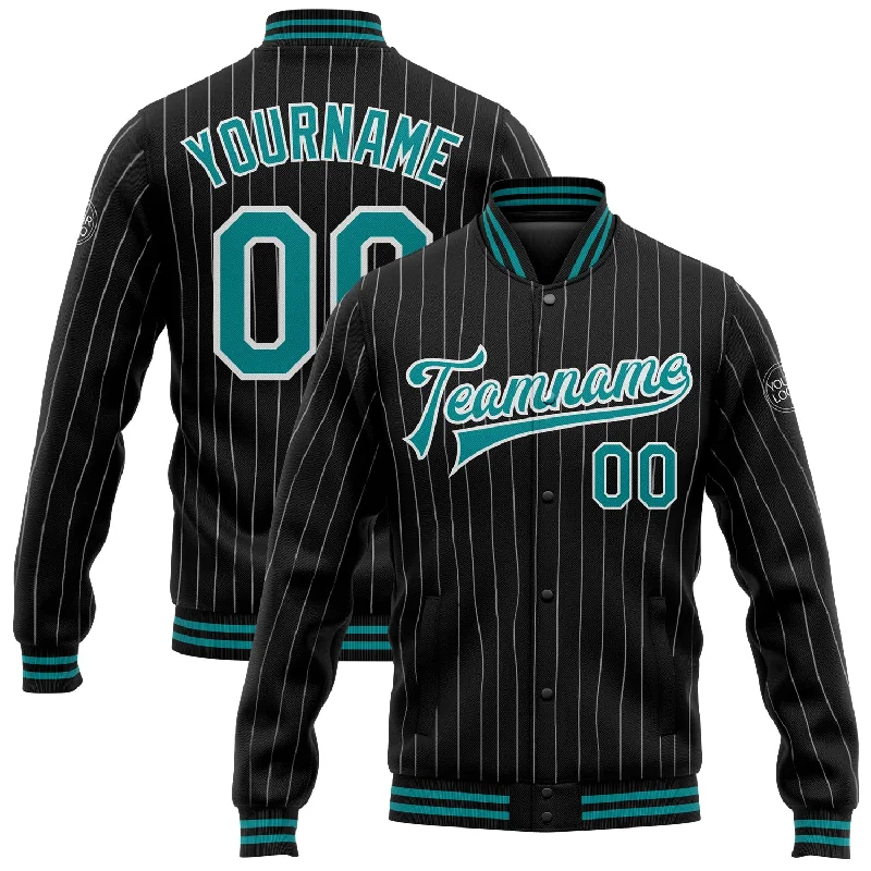 Gender-Neutral Fashion For Everyday Style Exclusive Deals Online Custom Black White Pinstripe Teal Bomber Full-Snap Varsity Letterman Jacket