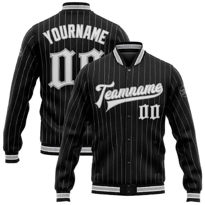 High-Quality Unisex Basics For All Occasions Stay Ahead In Style Custom Black Gray Pinstripe White Bomber Full-Snap Varsity Letterman Jacket