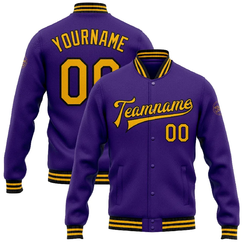 Relaxed-Fit Unisex Fashion For All-Day Comfort Casual Fashion Custom Purple Gold=Black Bomber Full-Snap Varsity Letterman Jacket