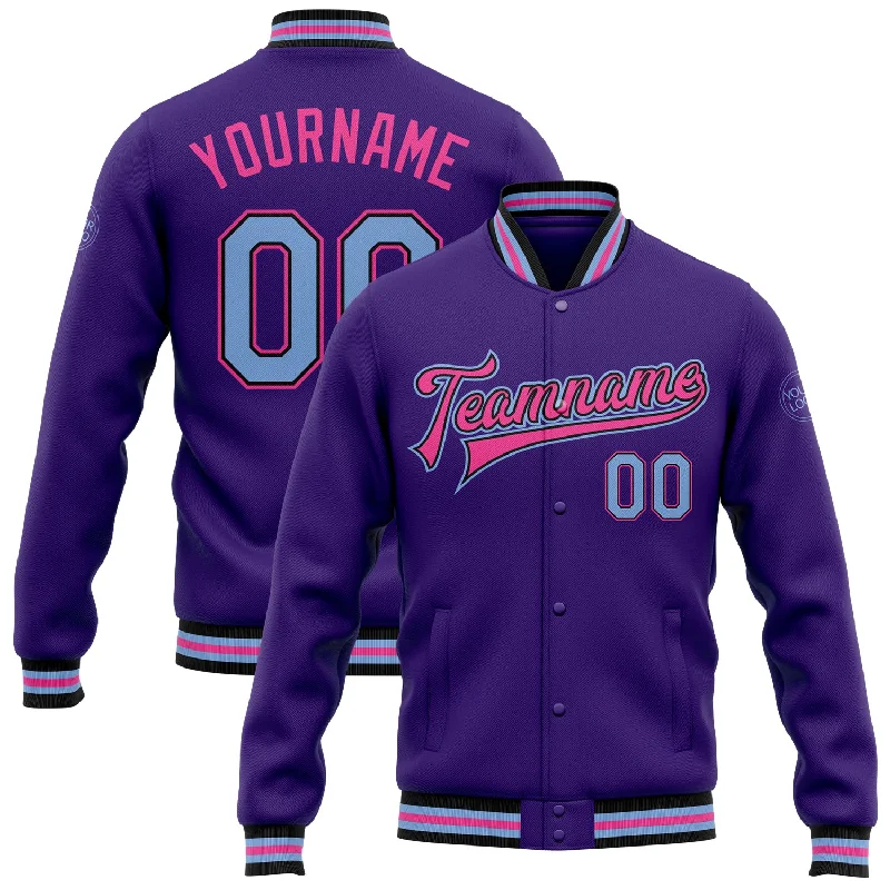 Unisex Casual Wear For All Seasons Day-To-Night Styles Custom Purple Light Blue Black-Pink Bomber Full-Snap Varsity Letterman Jacket