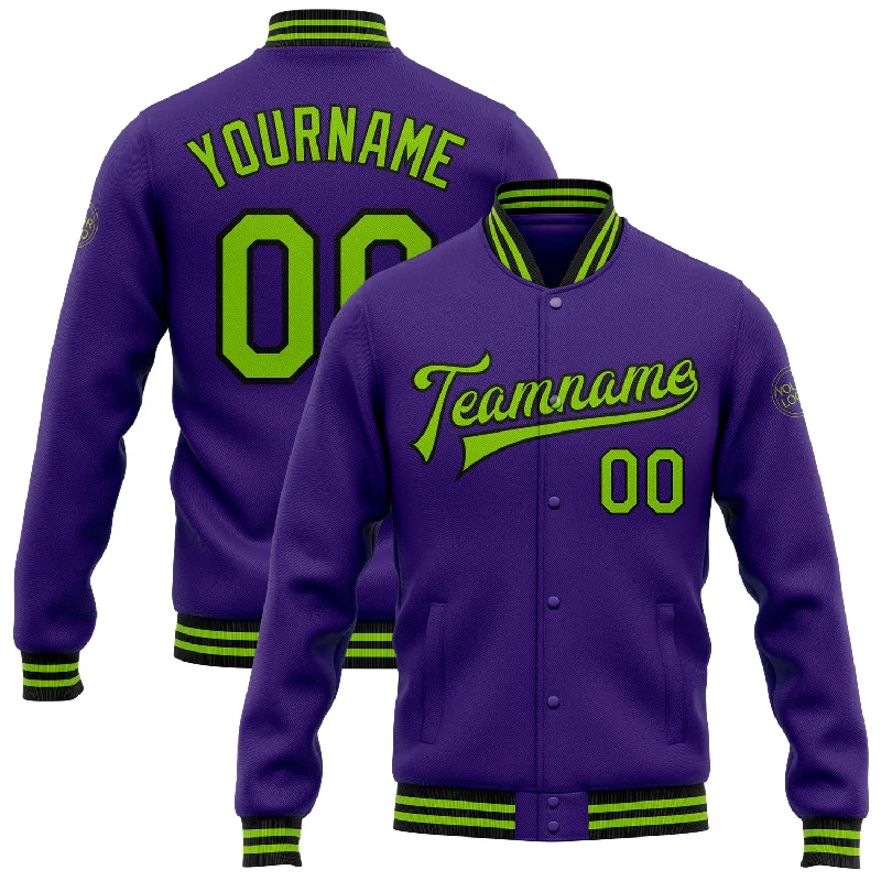 Modern Unisex Clothing For Any Occasion Spring Fashion Custom Purple Neon Green-Black Bomber Full-Snap Varsity Letterman Jacket