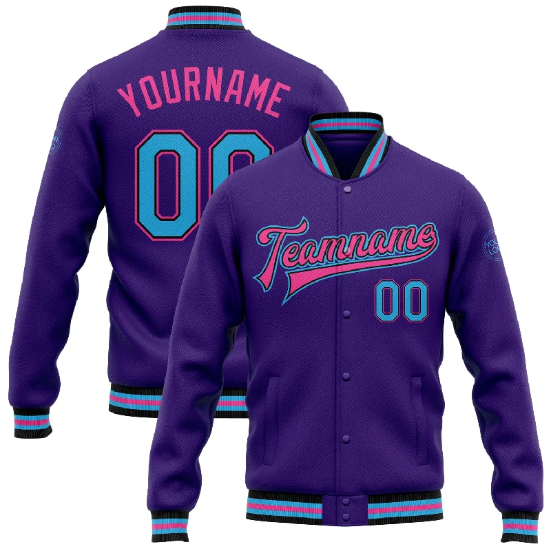 Fashion-Forward Unisex Apparel Seasonal Trends Custom Purple Sky Blue Black-Pink Bomber Full-Snap Varsity Letterman Jacket