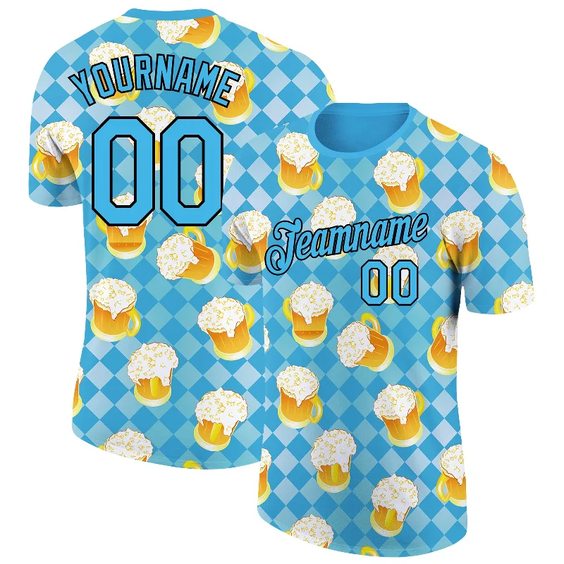 Functional And Stylish Unisex Wear Everyday Elegance Sale Custom Sky Blue Black 3D Pattern Design Beer Performance T-Shirt