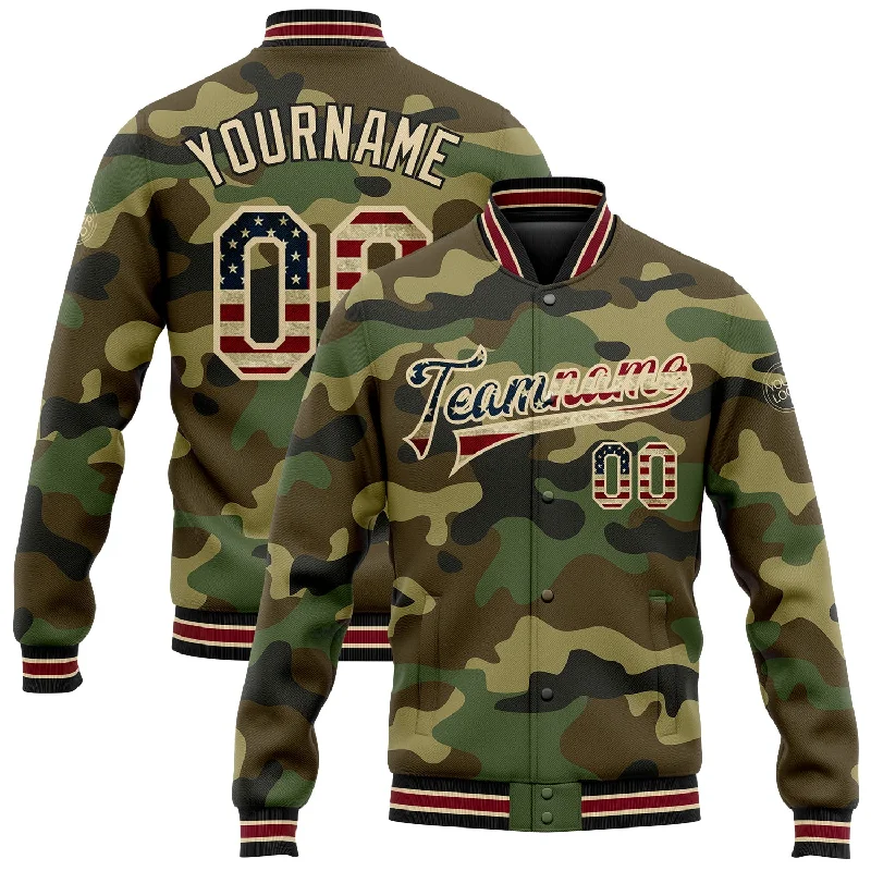Versatile Unisex Layering Pieces New Styles Just In Custom Camo Vintage USA Flag City Cream Crimson-Black Bomber Full-Snap Varsity Letterman Salute To Service Jacket