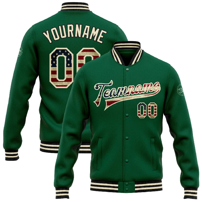 Chic And Casual Unisex Fashion Trends Get The Latest Trends Custom Kelly Green Vintage USA Flag City Cream-Black Bomber Full-Snap Varsity Letterman Jacket