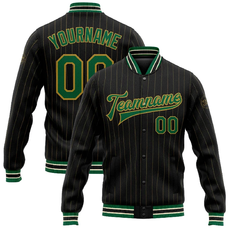 Oversized And Relaxed Unisex Fashion Stylish Looks Custom Black Old Gold Pinstripe Kelly Green-Cream Bomber Full-Snap Varsity Letterman Jacket