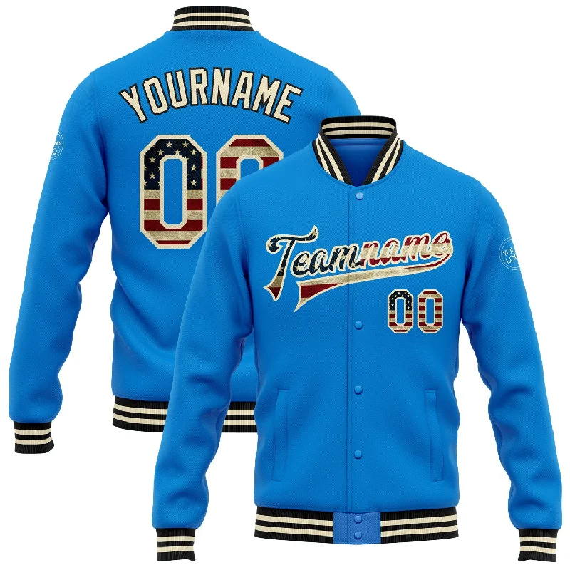 Modern Unisex Wardrobe Staples Top Deals Custom Powder Blue Vintage USA Flag Cream-Black Bomber Full-Snap Varsity Letterman Jacket