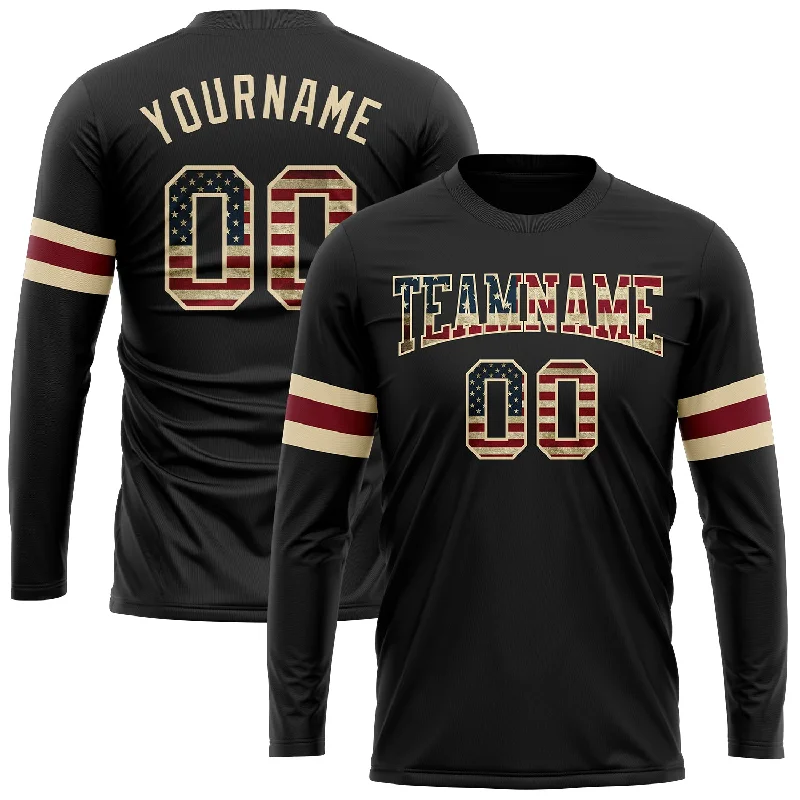 High-Quality Unisex Fashion Basics Flash Sales Custom Black Vintage USA Flag Crimson-Cream Long Sleeve Performance T-Shirt