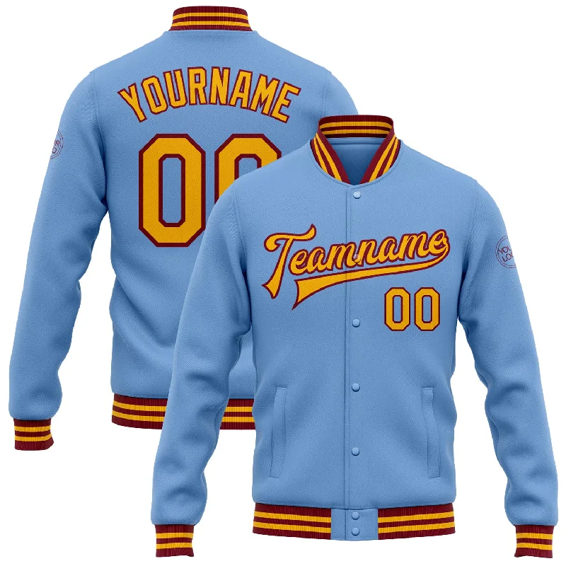 Urban Unisex Fashion Outfits Playful Fashion Offers Custom Light Blue Gold-Crimson Bomber Full-Snap Varsity Letterman Jacket