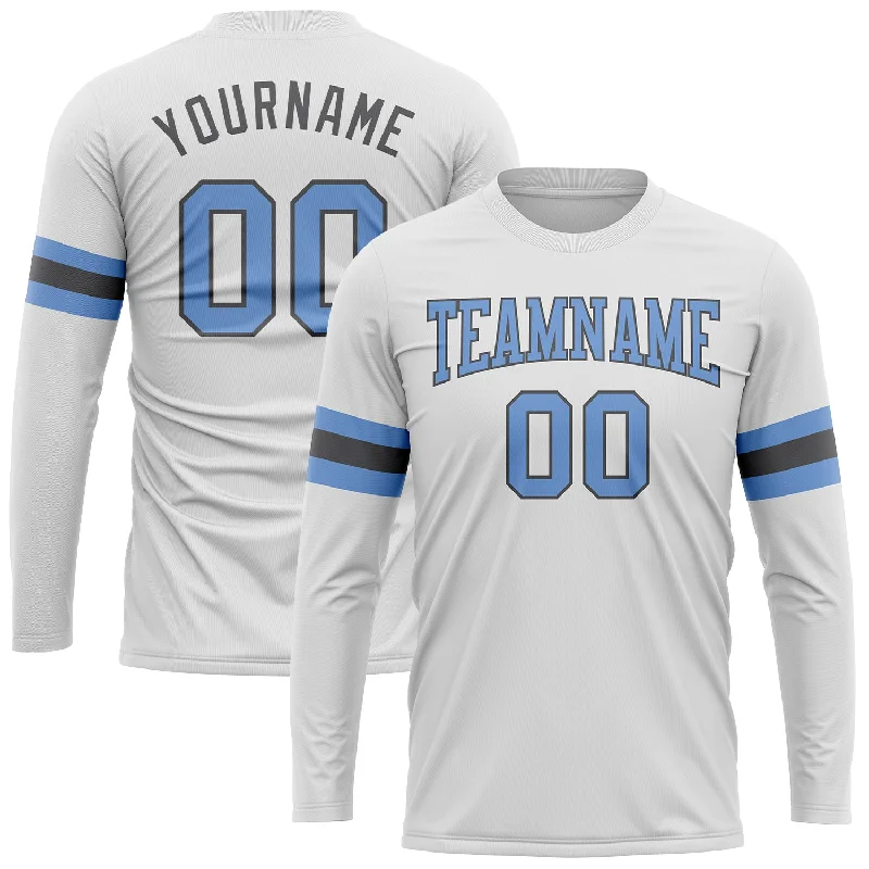 Soft And Breathable Unisex Loungewear Trendy Women'S Wear Collection Custom White Light Blue-Steel Gray Long Sleeve Performance T-Shirt