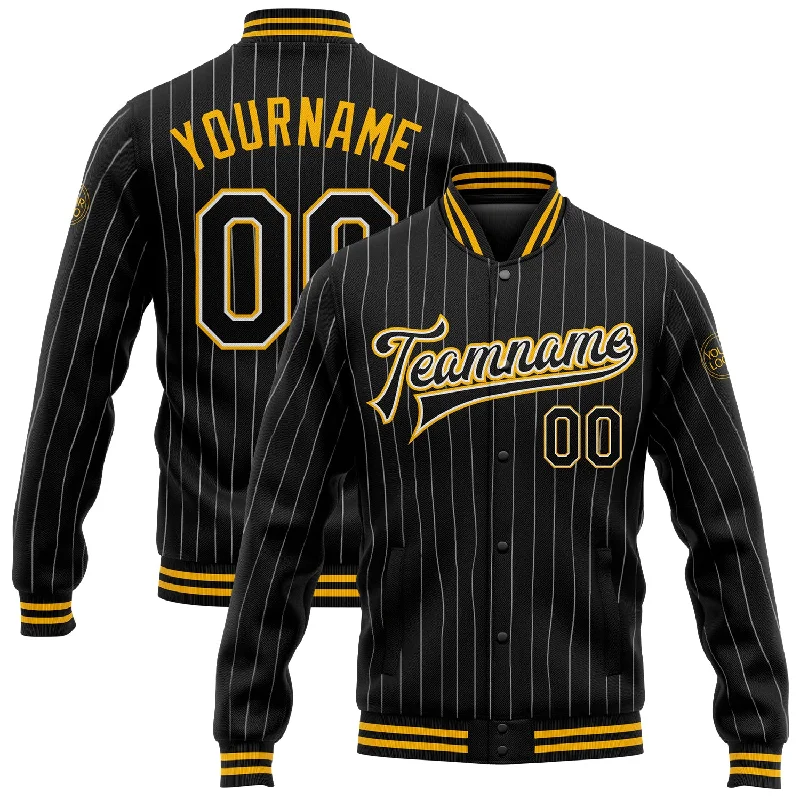 Effortless And Modern Unisex Dressing Seasonal Picks Custom Black White Pinstripe Gold Bomber Full-Snap Varsity Letterman Jacket
