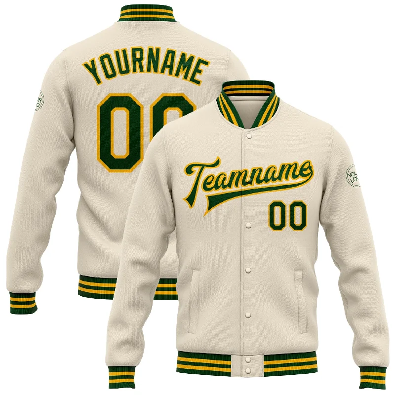 Sustainable Gender-Neutral Apparel Budget Saver Custom Cream Green-Gold Bomber Full-Snap Varsity Letterman Jacket