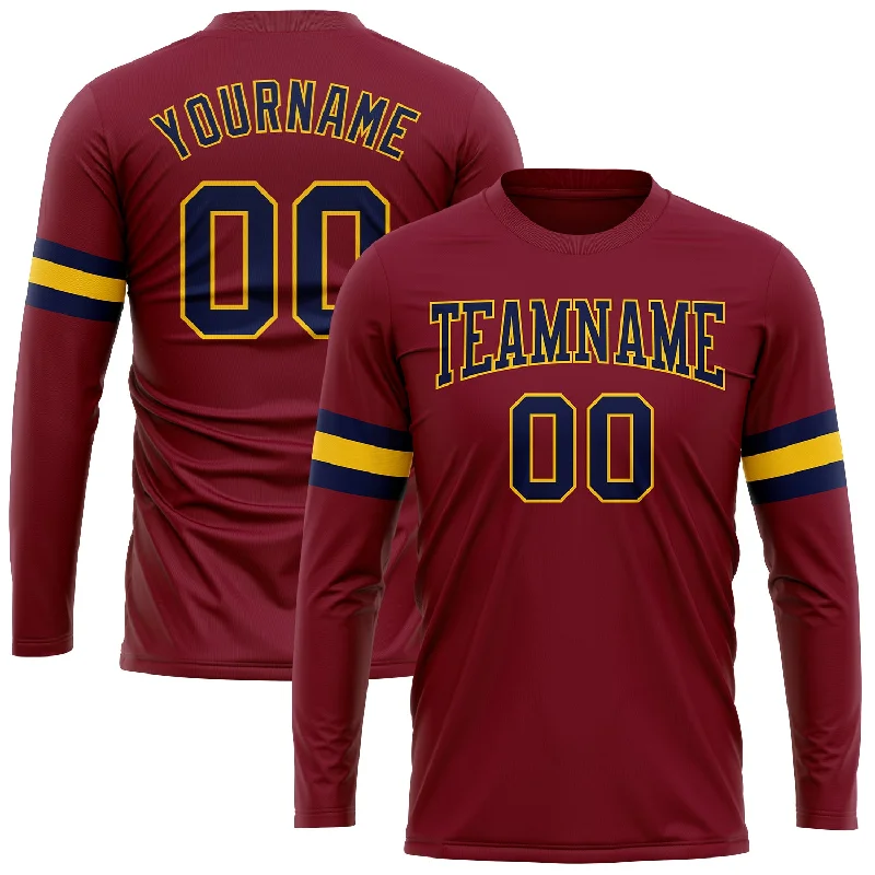 Contemporary Gender-Free Clothing Styles Hot Picks Custom Crimson Navy-Gold Long Sleeve Performance T-Shirt