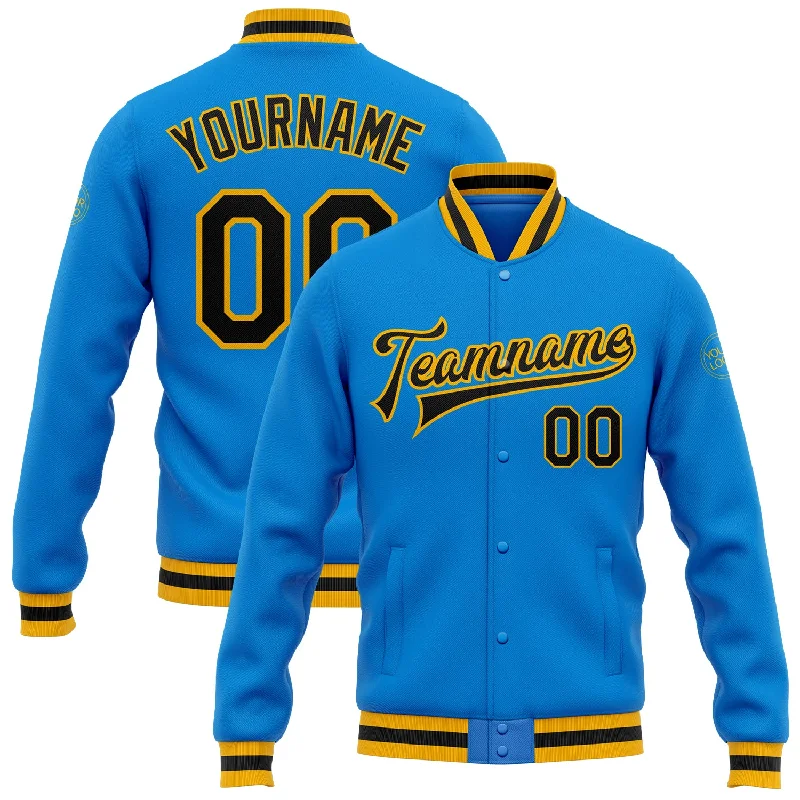 Comfortable Unisex Streetwear Comfortable Chic Custom Powder Blue Black-Gold Bomber Full-Snap Varsity Letterman Jacket