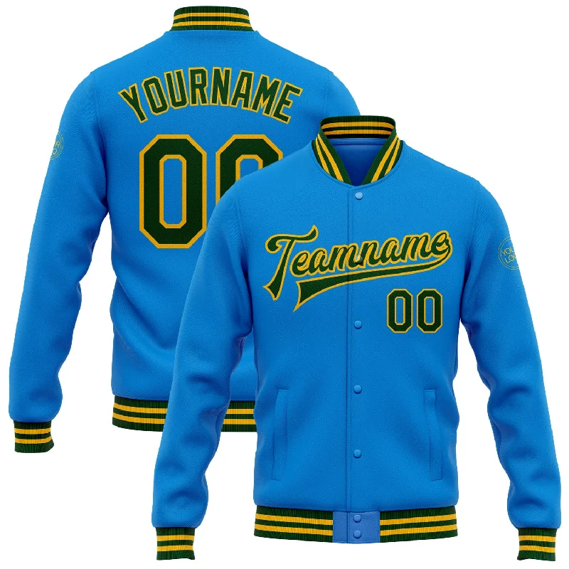 Classic Unisex Fashion Looks Urban Elegance Deals Custom Powder Blue Green-Gold Bomber Full-Snap Varsity Letterman Jacket