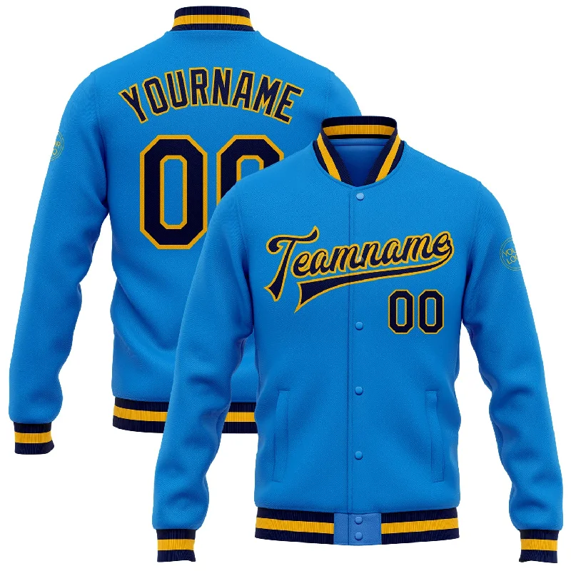Gender-Neutral Fashion For Everyday Style Special Offers Custom Powder Blue Navy-Gold Bomber Full-Snap Varsity Letterman Jacket