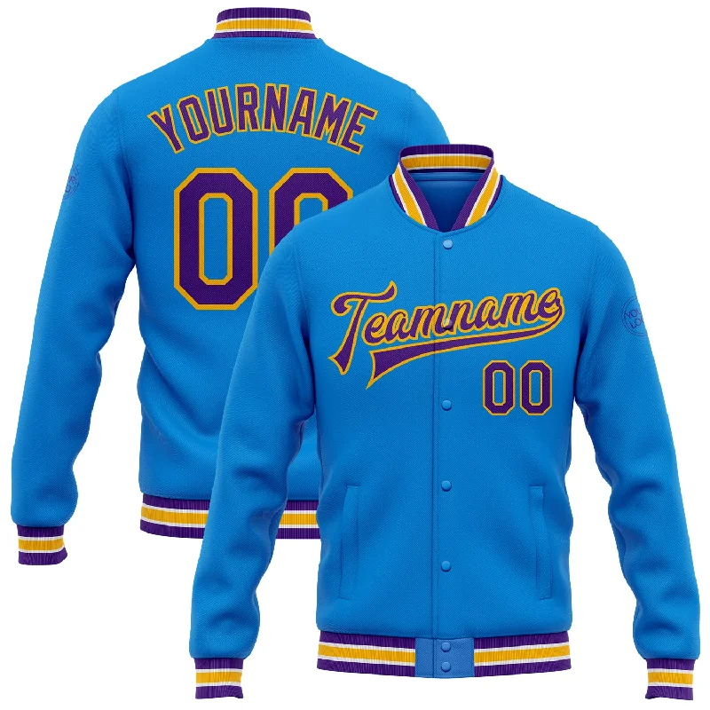 Relaxed-Fit Unisex Fashion For All-Day Comfort Classic Elegance Sales Custom Powder Blue Purple-Gold Bomber Full-Snap Varsity Letterman Jacket