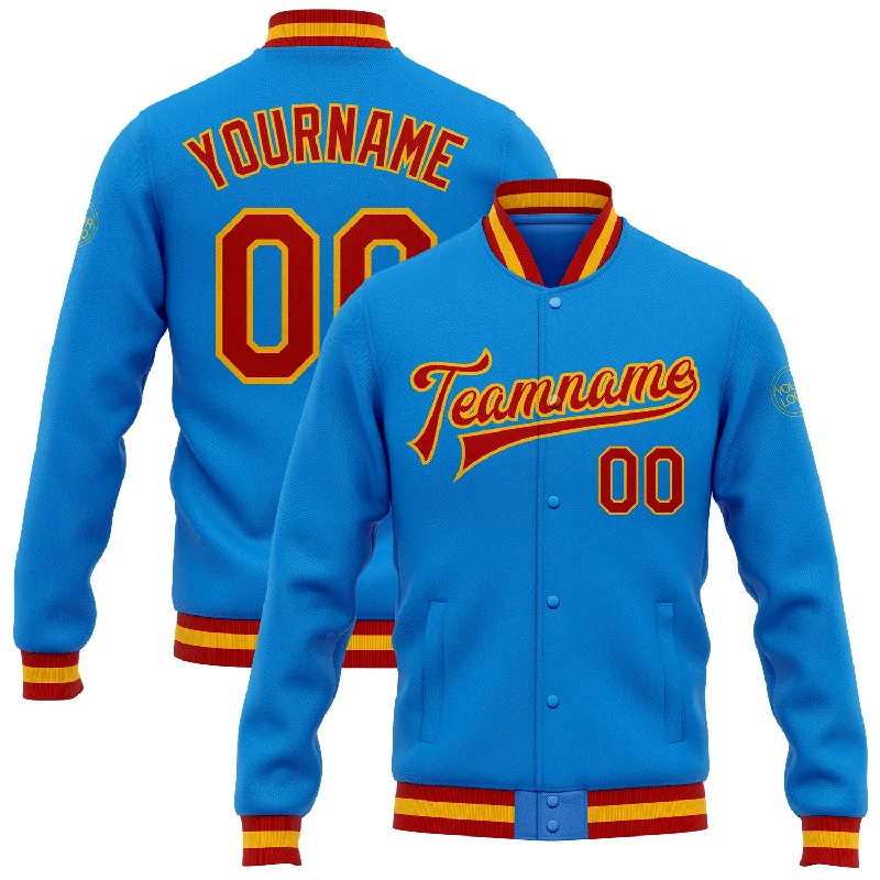 Stylish Unisex Outfit Ideas Winter Warehouse Sale Custom Powder Blue Red-Gold Bomber Full-Snap Varsity Letterman Jacket