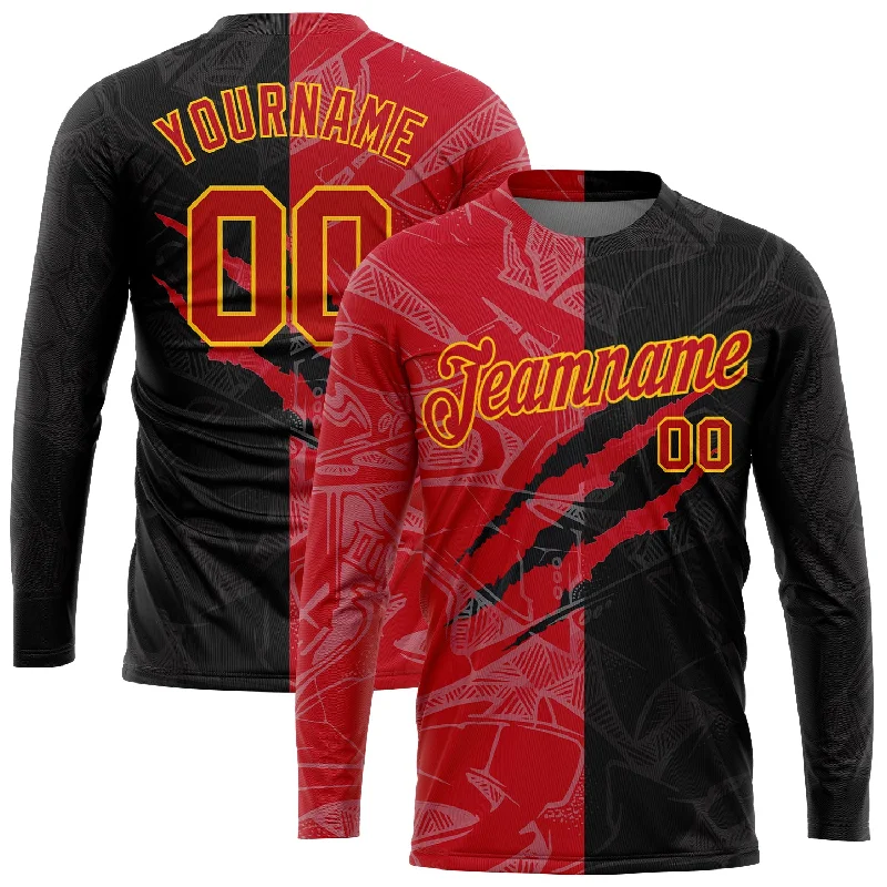 Modern Unisex Streetwear Outfits Huge Price Cut Custom Graffiti Pattern Red-Gold Scratch 3D Long Sleeve Performance T-Shirt