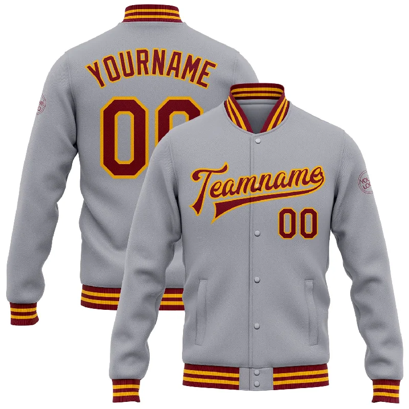Sleek And Contemporary Gender-Free Outfits Spring Fashion Custom Gray Crimson-Gold Bomber Full-Snap Varsity Letterman Jacket